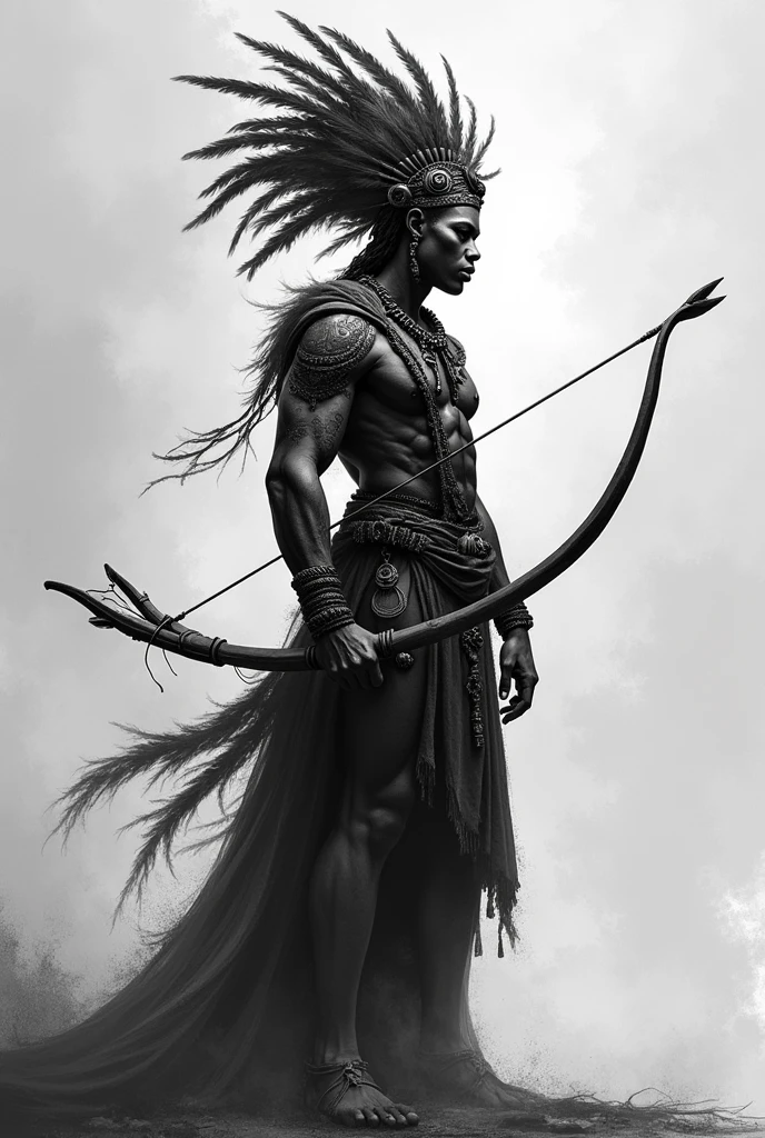 Orisha Oxossi in black and white holding a bow and arrow, with tunic, and feathers on the head