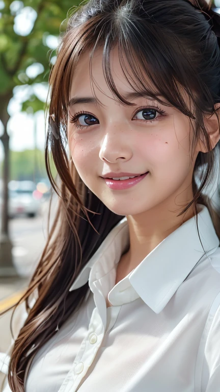 (8k, Photorealistic, RAW Photos, Best image quality: 1.4), Japanese schoolgirl、Super detailed face、Eye on the details、double eyelid、Sharp focus:1.2、Beautiful woman:1.4、Light brown hair、Highest quality、masterpiece、Ultra-high resolution、(Photorealistic:1.4)、非常に詳細でプロフェッショナルに照らされたsmile、(White collared shirt:1.5)、blush、Tear bags、amount、Cleavage、Small breasts、Hair Bun、From above、High angle、Armpits、smile、Selfie、freckles、Sweat、