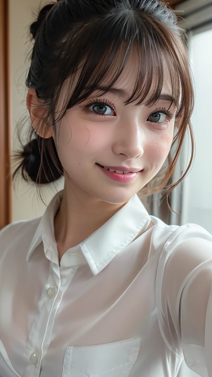 (8k, Photorealistic, RAW Photos, Best image quality: 1.4), Japanese schoolgirl、Super detailed face、Eye on the details、double eyelid、Sharp focus:1.2、Beautiful woman:1.4、Light brown hair、Highest quality、masterpiece、Ultra-high resolution、(Photorealistic:1.4)、非常に詳細でプロフェッショナルに照らされたsmile、(White collared shirt:1.5)、blush、Tear bags、amount、Cleavage、Small breasts、Hair Bun、From above、High angle、Armpits、smile、Selfie、freckles、Sweat、