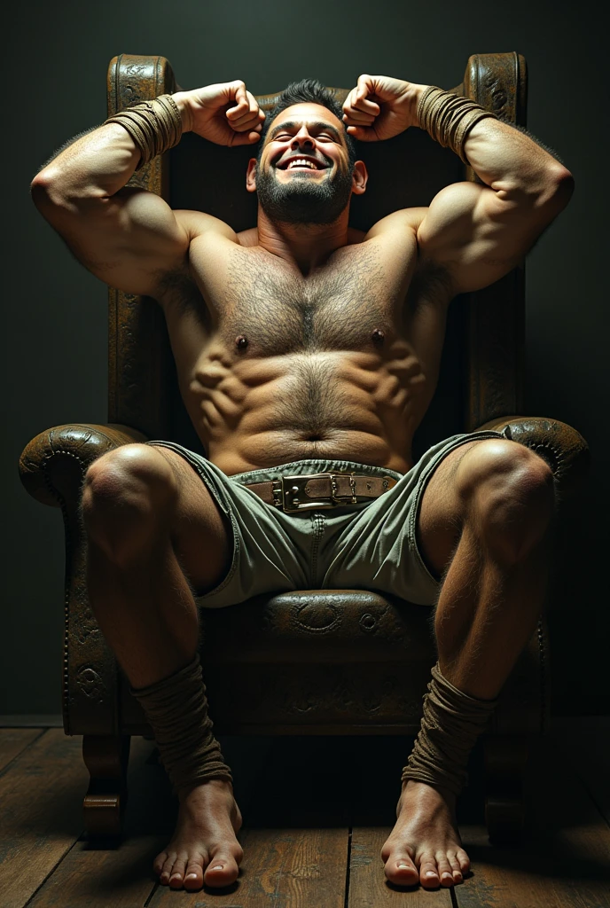 A handsome orc is tied to the tickle torture chair,Shoes taken off,Revealing two big bare feet,Both feet are locked in the foot,Feet raised,Keep your feet elevated,The soles of your feet should face the screen,Soles facing forward,Five toes tied with rope in foot,His hands were tied tightly to the chair.,Raise both hands above your head,Exposing the arm socket,His upper body was stripped,Wearing only a pair of trousers,Being tickled by a man in a cap,His armpits were constantly tickled by feathers.,The soles of his feet were being scratched by two brushes.,The toes are also tickled by the feathers growing from the toes.。The abdomen is scratched with a brush,And he laughed(Have an expression of laughing like being tickled,Keep your feet elevated,Raise both hands above your head,Exposing the arm socket,The soles of your feet should face the screen)
