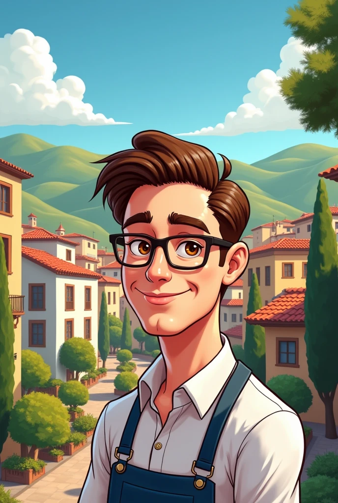 2D CARTOON OF A MAN WITH MEDIUM MUSCLE MASS AND SHORT BROWN HAIR ON THE SIDES, White skin, WITH GLASSES BROWN EYES WITH SICILY BACKGROUND