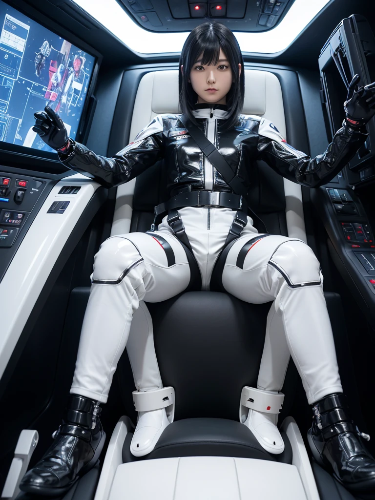 Japanese female android,Black Hair,The spaceship's cockpit,The person is completely secured in the seat with the backrest reclined by a thick harness belt.,Plump,Legs are spread and raised,Squat,Shiny white robot suit,Robotic arms and legs,Surrounded by switches and monitors,