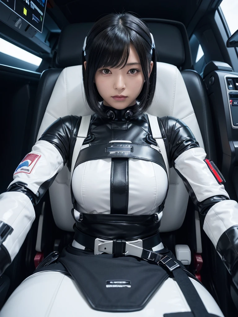 Japanese female android,Black Hair,The spaceship's cockpit,The person is completely secured in the seat with the backrest reclined by a thick harness belt.,Plump,Legs are spread and raised,Squat,Shiny white robot suit,Robotic arms and legs,Surrounded by switches and monitors,