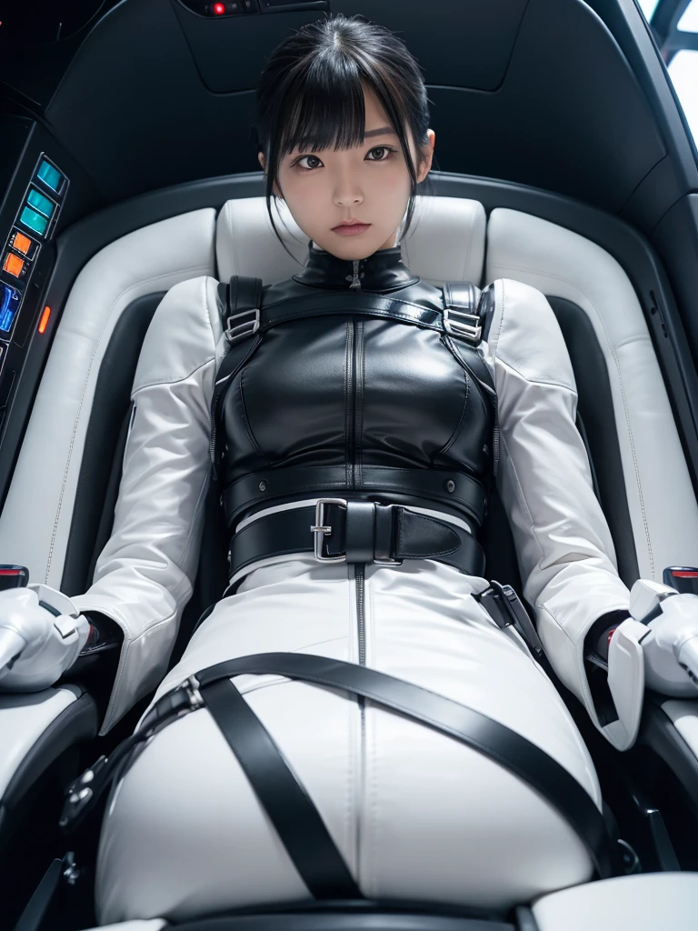 Japanese female android,Black Hair,The spaceship's cockpit,The person is completely secured in the seat with the backrest reclined by a thick harness belt.,Plump,Legs are spread and raised,Squat,Shiny white robot suit,Robotic arms and legs,Surrounded by switches and monitors,