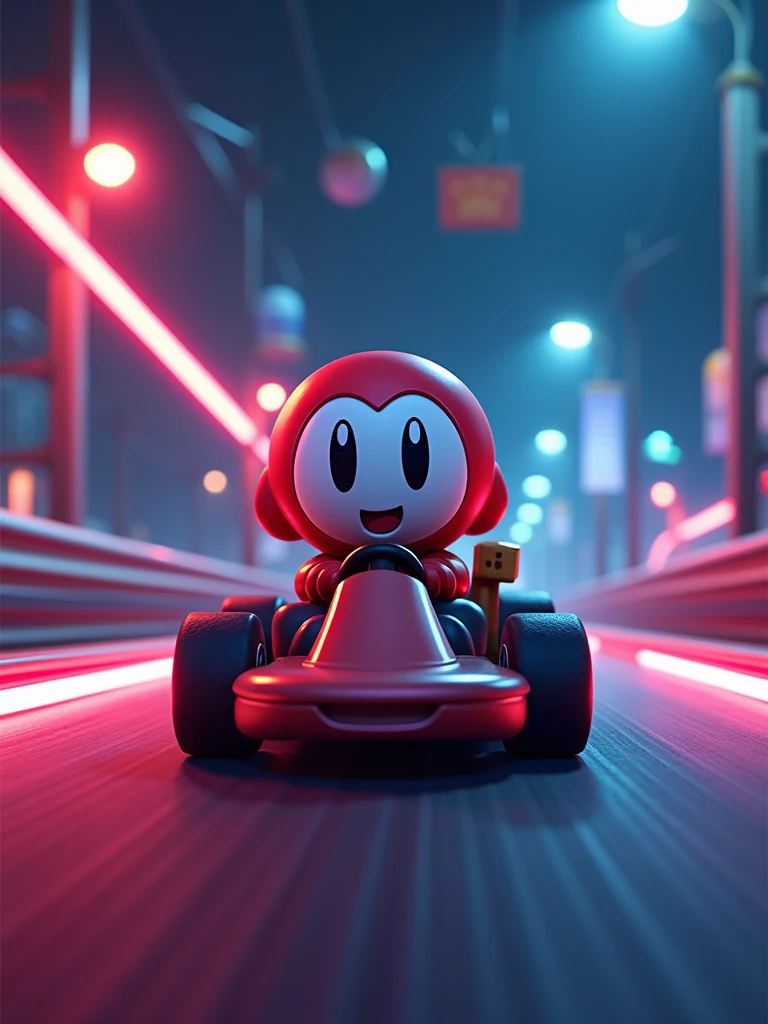 Create a captivating scene with a Mario Kart cup featuring a chibi version of Shy Guy, designed by PivArts, racing in a kart on the track. Pay special attention to his facial expressions, making them cute and intriguing. Set the scene in a midnight atmosphere, adding depth and aesthetics to the image. The background should be a flat color vector with neon accents, resembling a “Bloodthyrstdark” style. Capture the scene with professional photography under low lighting conditions, using a middle distance shot for sharp focus. The artwork should be hyper-detailed and rendered in digital art, achieving a concept art quality that aligns with the standards of Protovision.