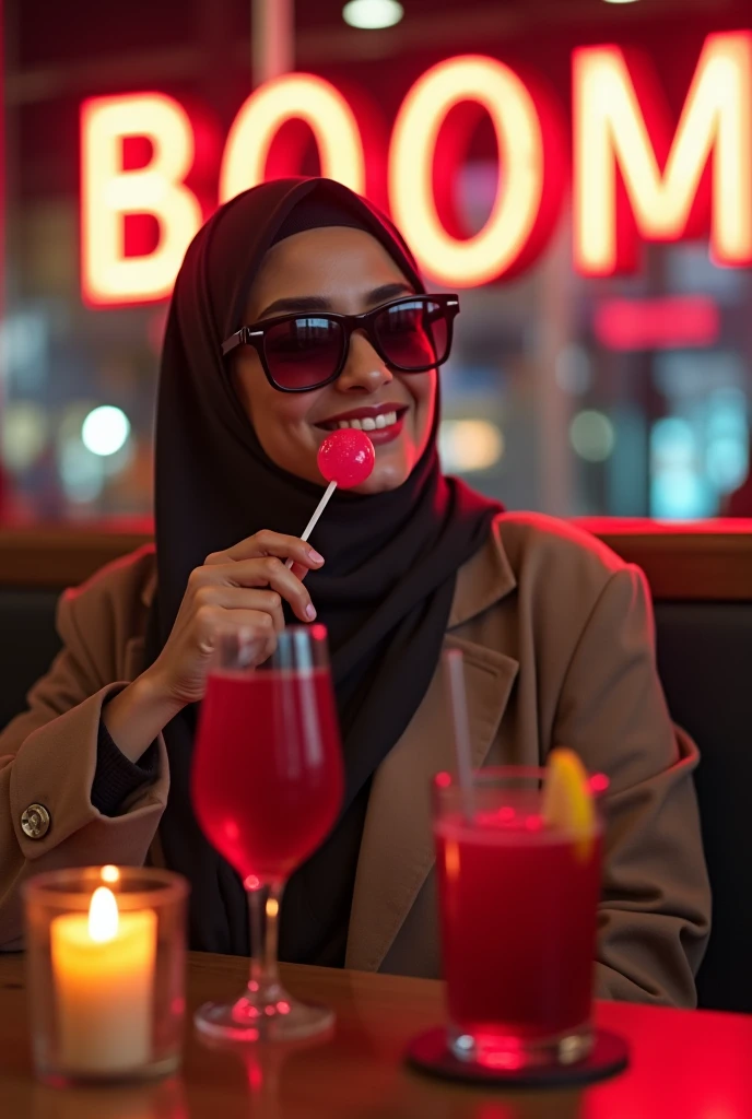 Female muslim tourist in a restaurant with a BOOM sign, A DARK RED Sunglasses on her eyes with a Candle on a table in front of her with a light bright pink lollipop in her hand and 1 fully filled Red juice glass on table without lemon and other 1 fully filled Red juice Glass with lemon over the straw in it and spoon spoon stirring it