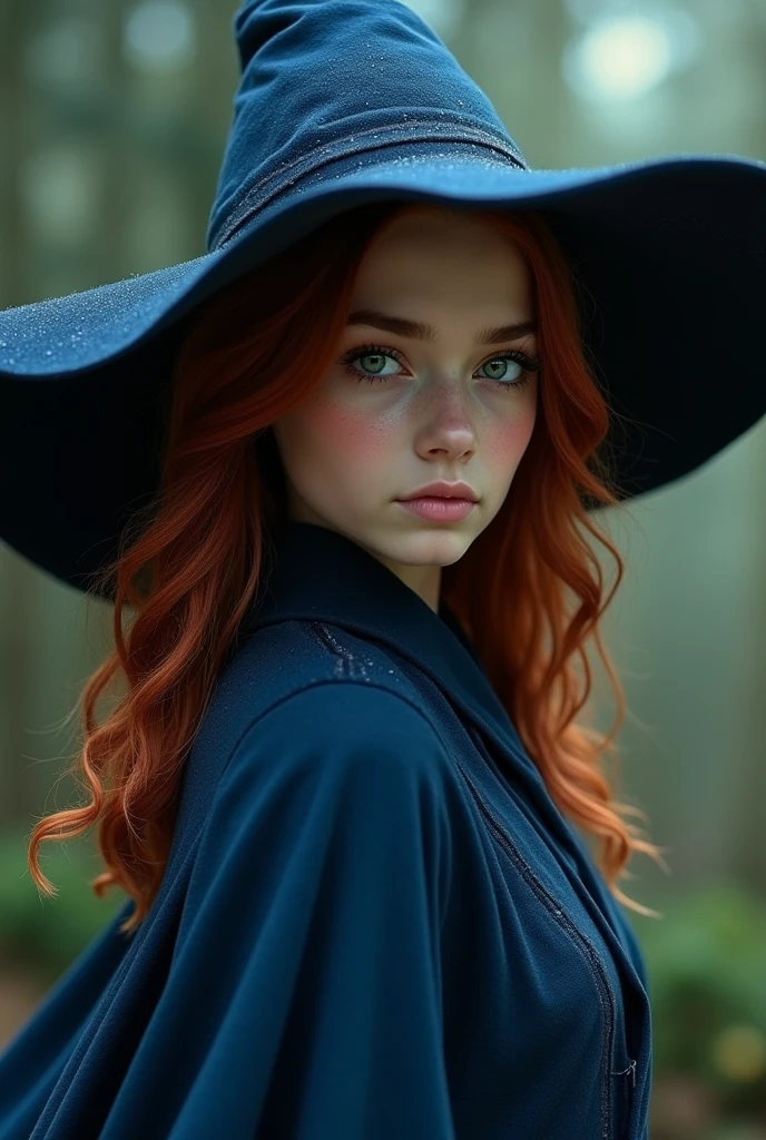 Young girl with medium length dark red hair; with eyes that vary between green, gray and light brown; fair skin and blue Ravenclaw witch robes. realisitic.