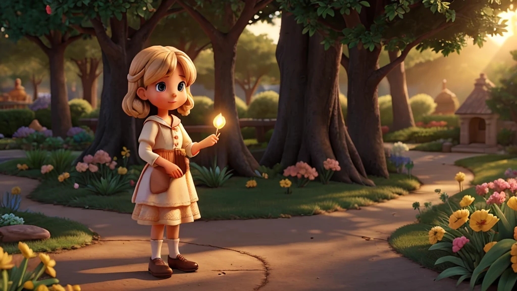 a close up of a hand (feminine) gently holding a tree seed, illuminated by the warm light of the sun., in the background a garden, disney style