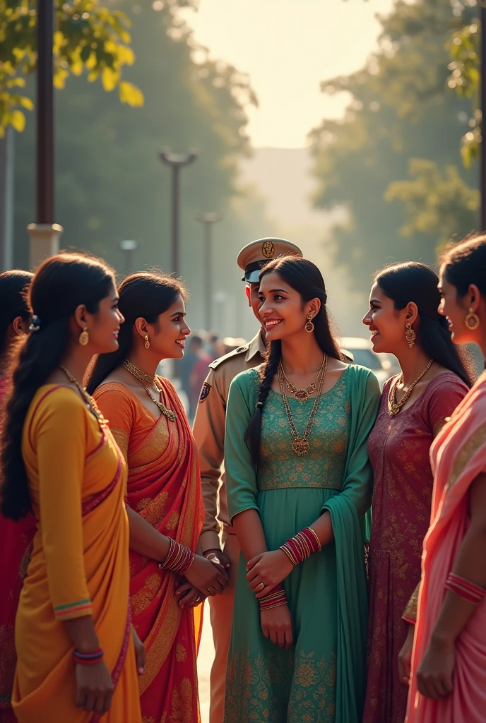 Indian women in Punjabi suit warn a middle age indian guard near office entrance in morning