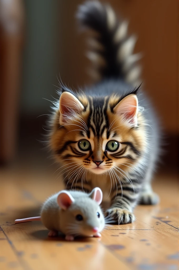 Ultra-realistic 4K image of a Maine Coon kitten, showing its large, tufted ears and fluffy tail. The kitten’s fur is a mix of brown and black tabby patterns, with its coat appearing thick and soft. Its wide, curious eyes are a vibrant green, and it is playfully pouncing on a small toy mouse on a wooden floor, with every strand of fur and whisker captured in high detail.”