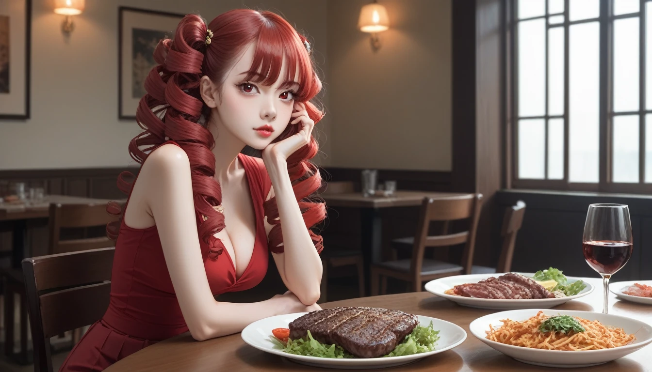 Long hair, side top pigtails, red curly hair, bangs, slim body, very large breasts, ball shaped breasts, red pupils, cleavage, red eyes, hair between eyes, very long hair, red hair, lips, drill curls, beautiful Japanese woman, five fingers, reality, slim waist, full body, wearing sleeveless and shorts, sitting at table eating steak