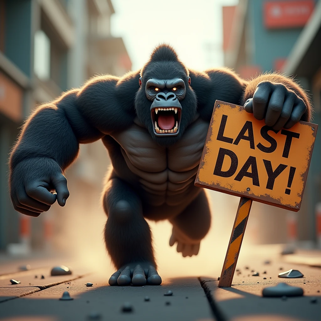 Gorilla holding a sign that says last day、Sprinting、Speed、run screaming、3D Animation