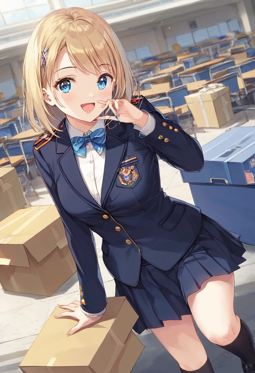 (8k, Highest quality, masterpiece: 1.2),Ultra-high resolution, 1 person, cute, solo,Highly detailed face, JK, uniform, blazer, Box Skirt, navy blue, Slightly longer