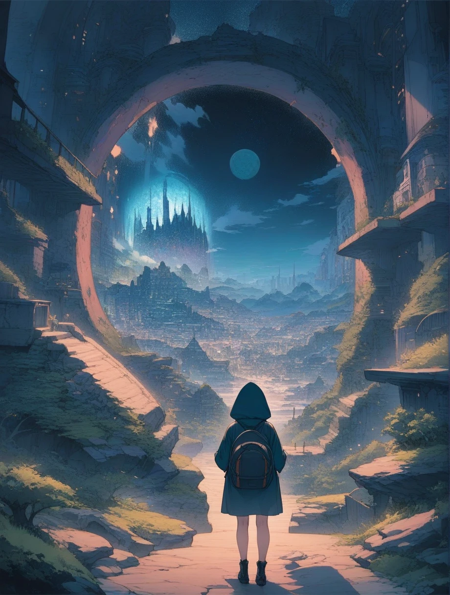 score_9, score_8_up, score_7_up, score_アニメ, masterpiece, best quality, delicate illustration, sharp line, sharp focus, BREAK,Traveler girl wandering in the ruins of endless night, the girl is wearing a hood, a lot of baggage in her backpack., night、City of the Future、Fantastic landscape、Beautiful Landscape、Harmony with Nature、Spectacular views、Machine City