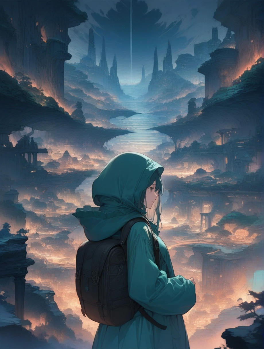 score_9, score_8_up, score_7_up, score_アニメ, masterpiece, best quality, delicate illustration, sharp line, sharp focus, BREAK,Traveler girl wandering in the ruins of endless night, the girl is wearing a hood, a lot of baggage in her backpack., night、City of the Future、Fantastic landscape、Beautiful Landscape、Harmony with Nature、Spectacular views、Machine City