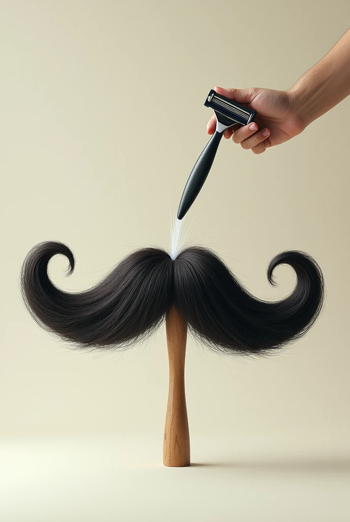 A Big Mustache and a Yellow BIC Razor. with no face, just the mustache and the object. I want Gillette to shave his mustache, in an act of removing the mustache