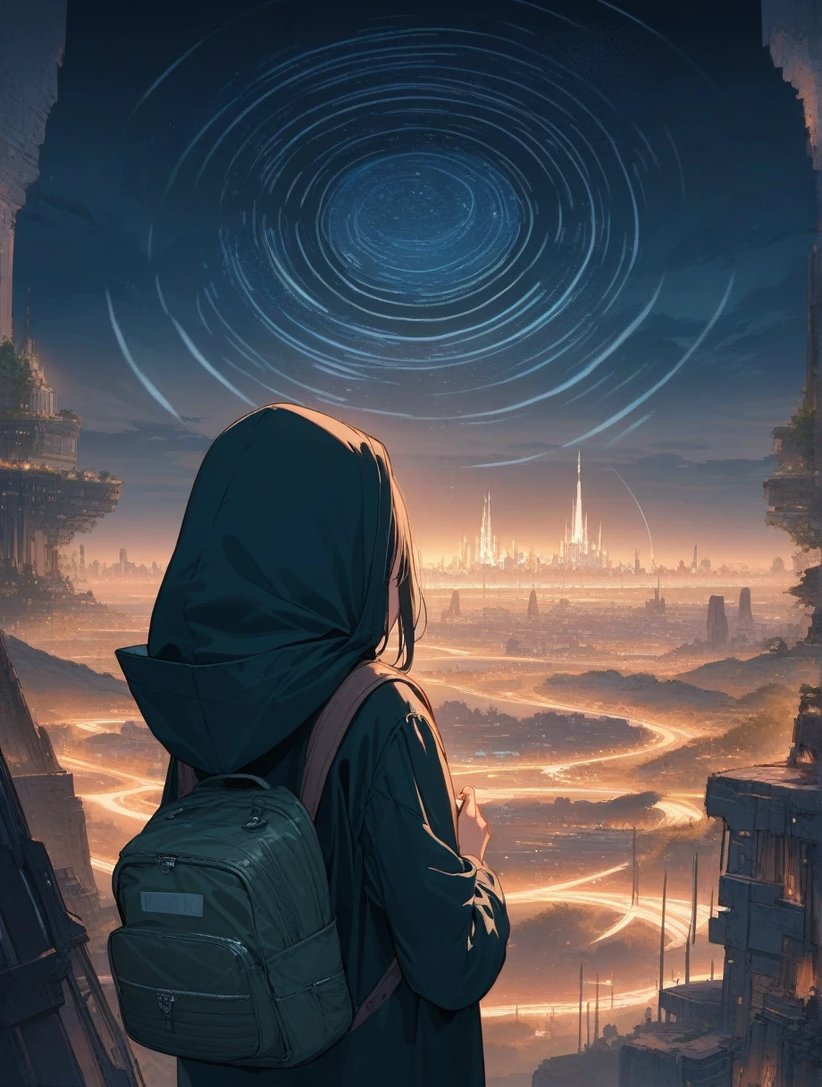 score_9, score_8_up, score_7_up, score_anime, masterpiece, best quality, delicate illustration, sharp line, sharp focus, BREAK,Traveler girl wandering in the ruins of endless night, the girl is wearing a hood, a lot of baggage in her backpack.,Night, future city, fantastic landscape, beautiful scenery, harmony with nature, spectacular view, machine city