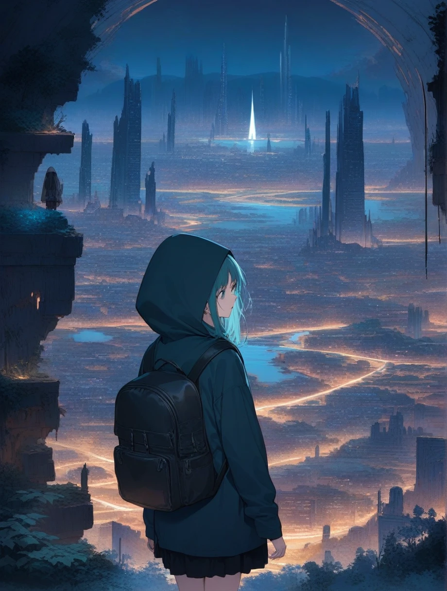 score_9, score_8_up, score_7_up, score_anime, masterpiece, best quality, delicate illustration, sharp line, sharp focus, BREAK,Traveler girl wandering in the ruins of endless night, the girl is wearing a hood, a lot of baggage in her backpack.,Night, future city, fantastic landscape, beautiful scenery, harmony with nature, spectacular view, machine city