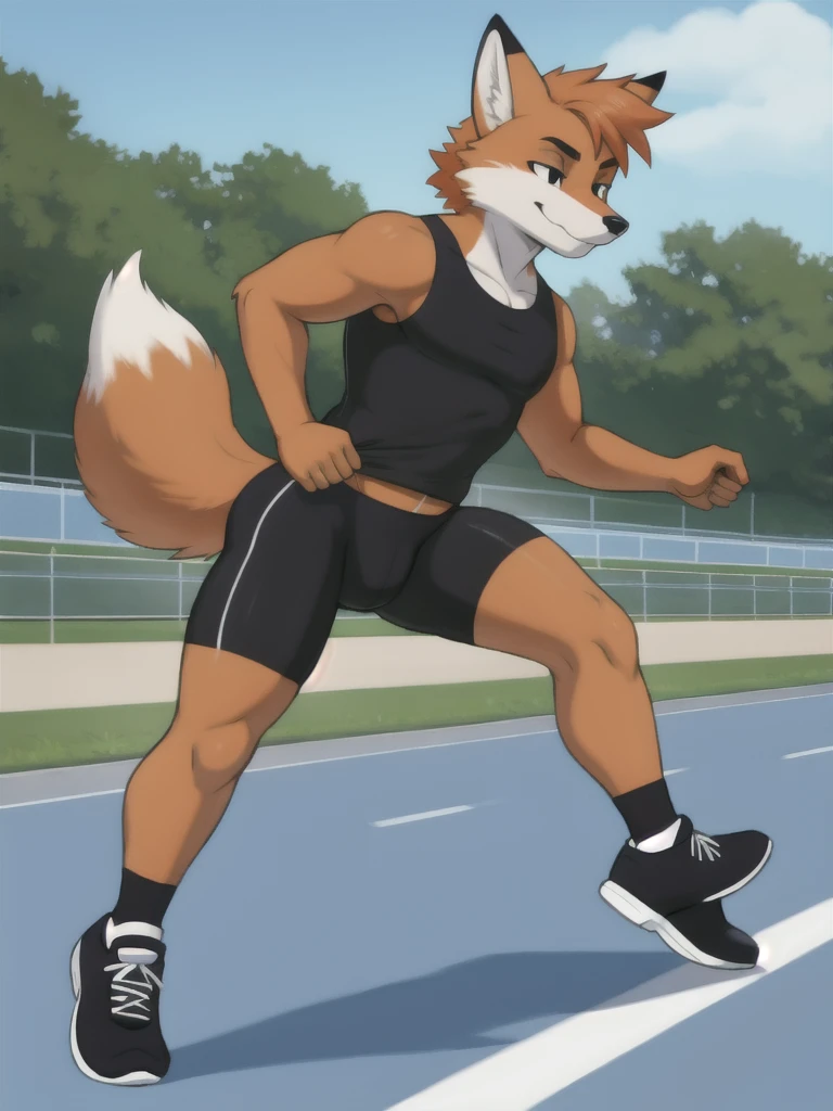 Furry, fox, male, black shirt, black spandex bike shorts, shoes, running track, solo, full body