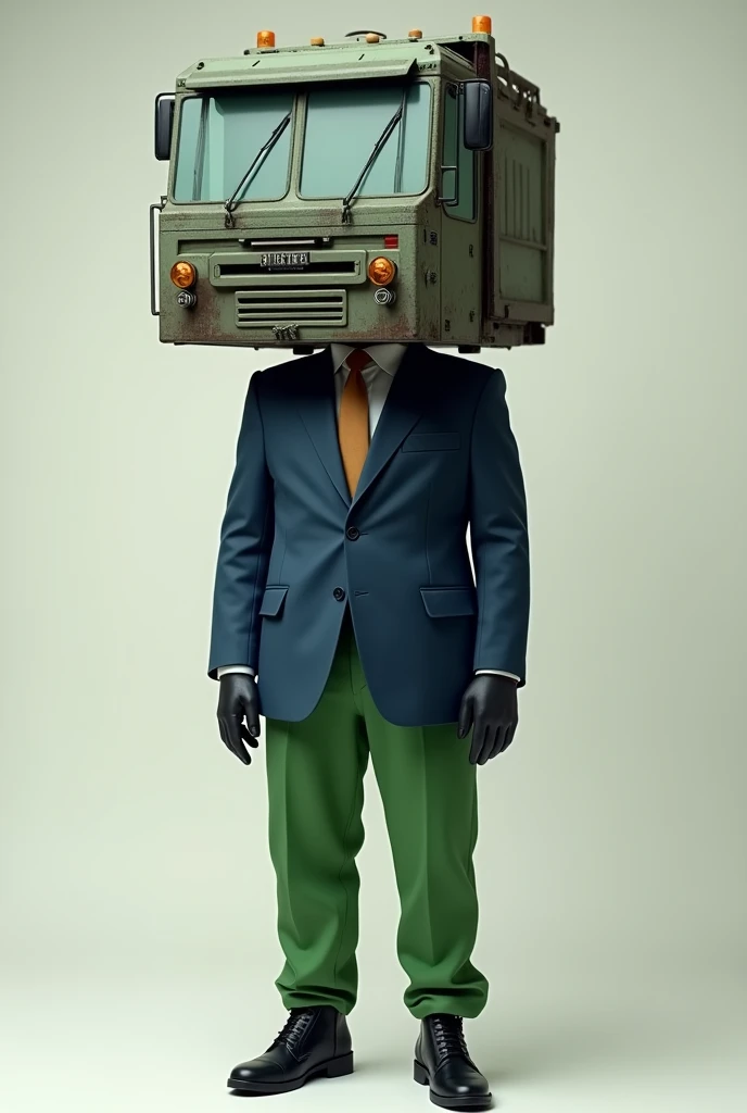 A humanoid being with the main characteristic of having its head replaced by a garbage truck, he wears a blue suit with green pants, he wears black leather gloves and black shoes