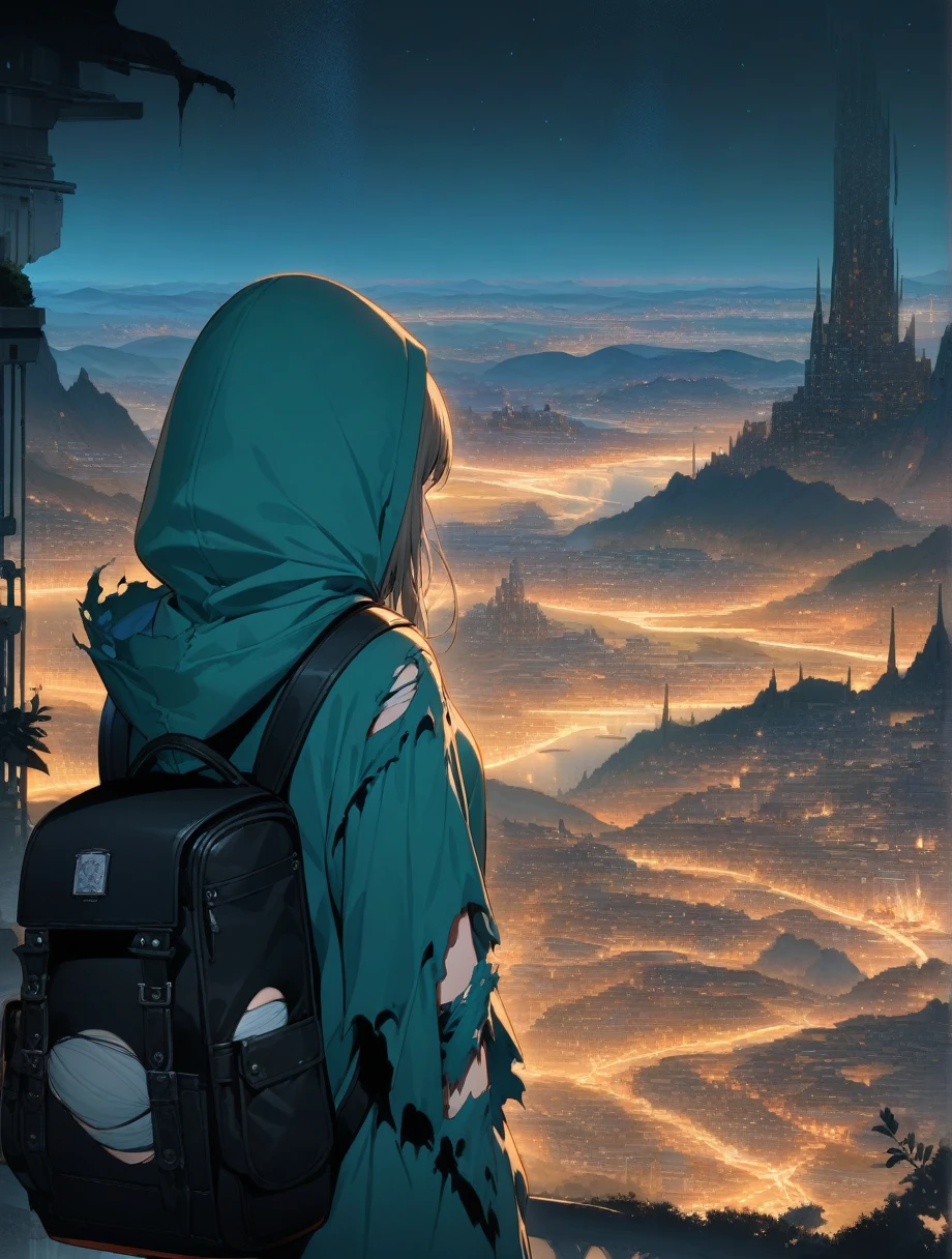 score_9, score_8_up, score_7_up, score_anime, masterpiece, top quality, delicate illustration, sharp lines, sharp focus, BREAK, a traveling girl wandering in the endless night world, the girl wears a hood and has a lot of stuff in her backpack, night , fantastic landscape, beautiful scenery, harmony with nature, spectacular view, machine city, (((torn clothes)))