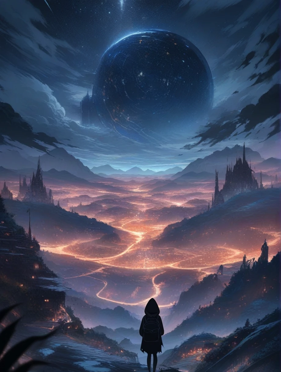 score_9, score_8_up, score_7_up, score_anime, masterpiece, top quality, delicate illustration, sharp lines, sharp focus, BREAK, a traveling girl wandering in the endless night world, the girl wears a hood and has a lot of stuff in her backpack, night , fantastic landscape, beautiful scenery, harmony with nature, spectacular view, machine city, (((torn clothes)))