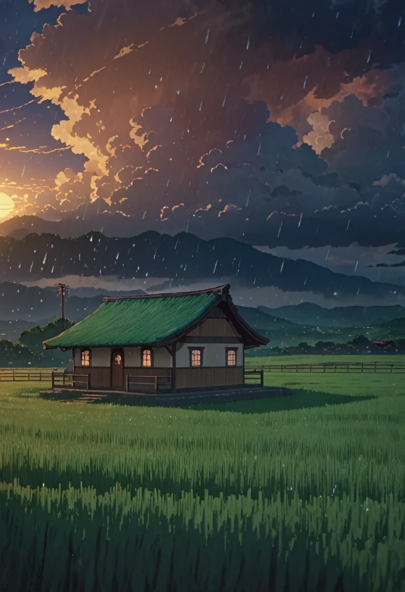 masterpiece!!!! 8k limestone roof hut in the middle of green field ANIME GHIBLI STYLE!!!!! The image shows a serene twilight scene with clouds, rain, sparks, lighting, shadows, 8khdr sol ilumination!!!! sunrise clouds