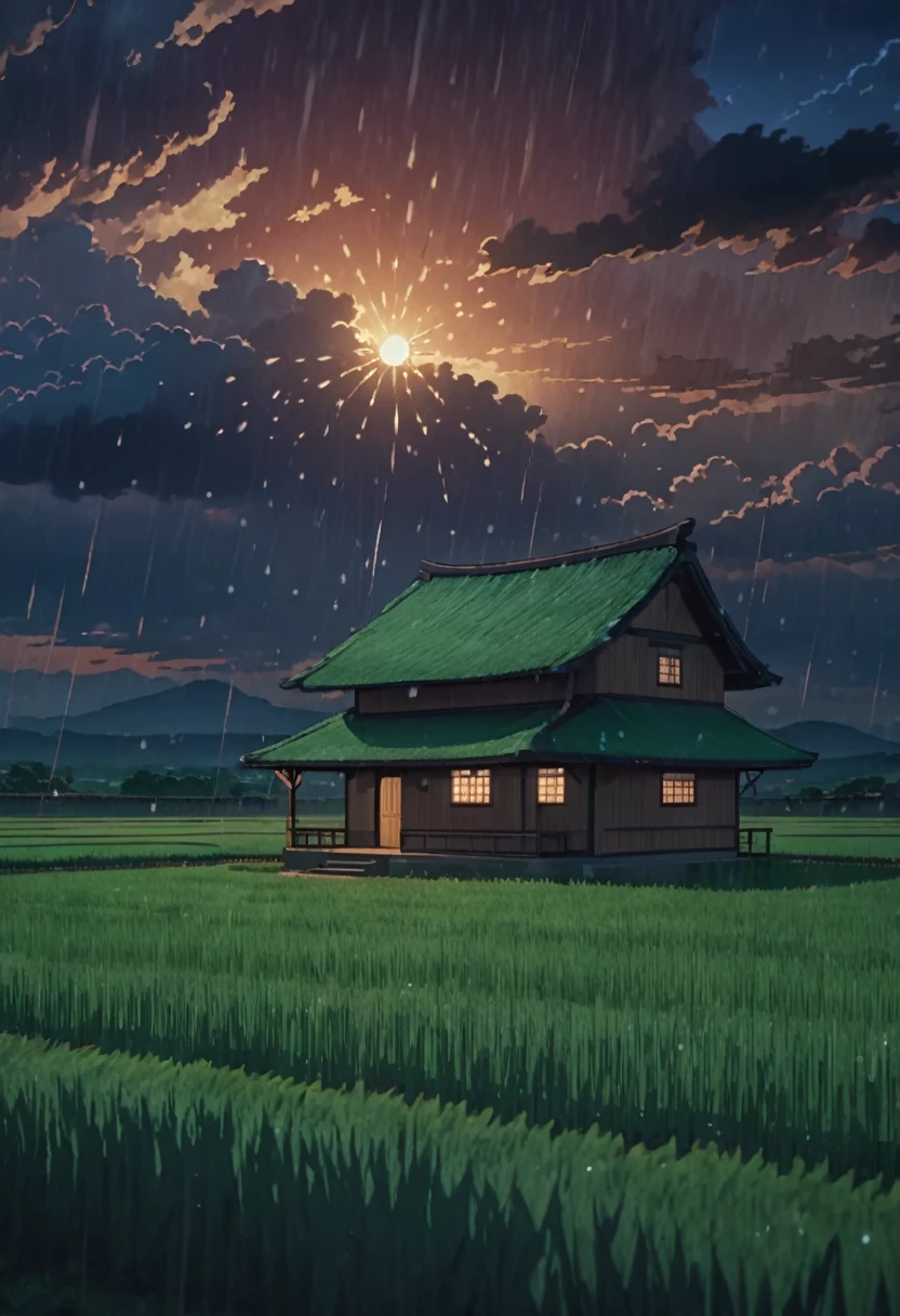 masterpiece!!!! 8k limestone roof hut in the middle of green field ANIME GHIBLI STYLE!!!!! The image shows a serene twilight scene with clouds, rain, sparks, lighting, shadows, 8khdr sol ilumination!!!! sunrise clouds