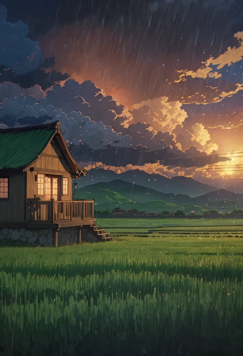 masterpiece!!!! 8k limestone roof hut in the middle of green field ANIME GHIBLI STYLE!!!!! The image shows a serene twilight scene with clouds, rain, sparks, lighting, shadows, 8khdr sol ilumination!!!! sunrise clouds
