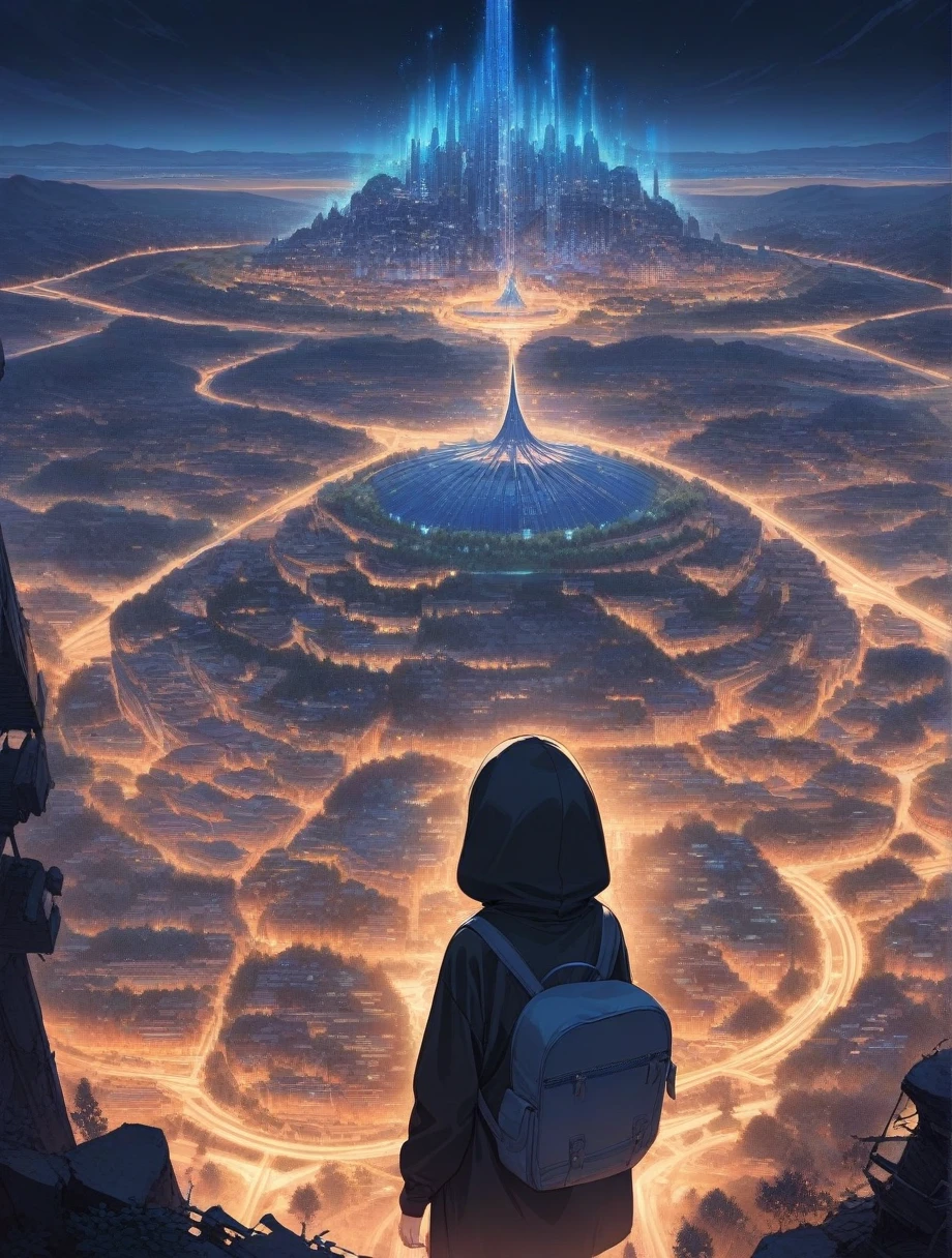 score_9, score_8_up, score_7_up, score_anime, masterpiece, best quality, delicate illustration, sharp line, sharp focus, BREAK,Traveler girl wandering in the ruins of endless night, the girl is wearing a hood, a lot of baggage in her backpack.,Night, future city, fantastic landscape, beautiful scenery, harmony with nature, spectacular view, machine city,((dark))