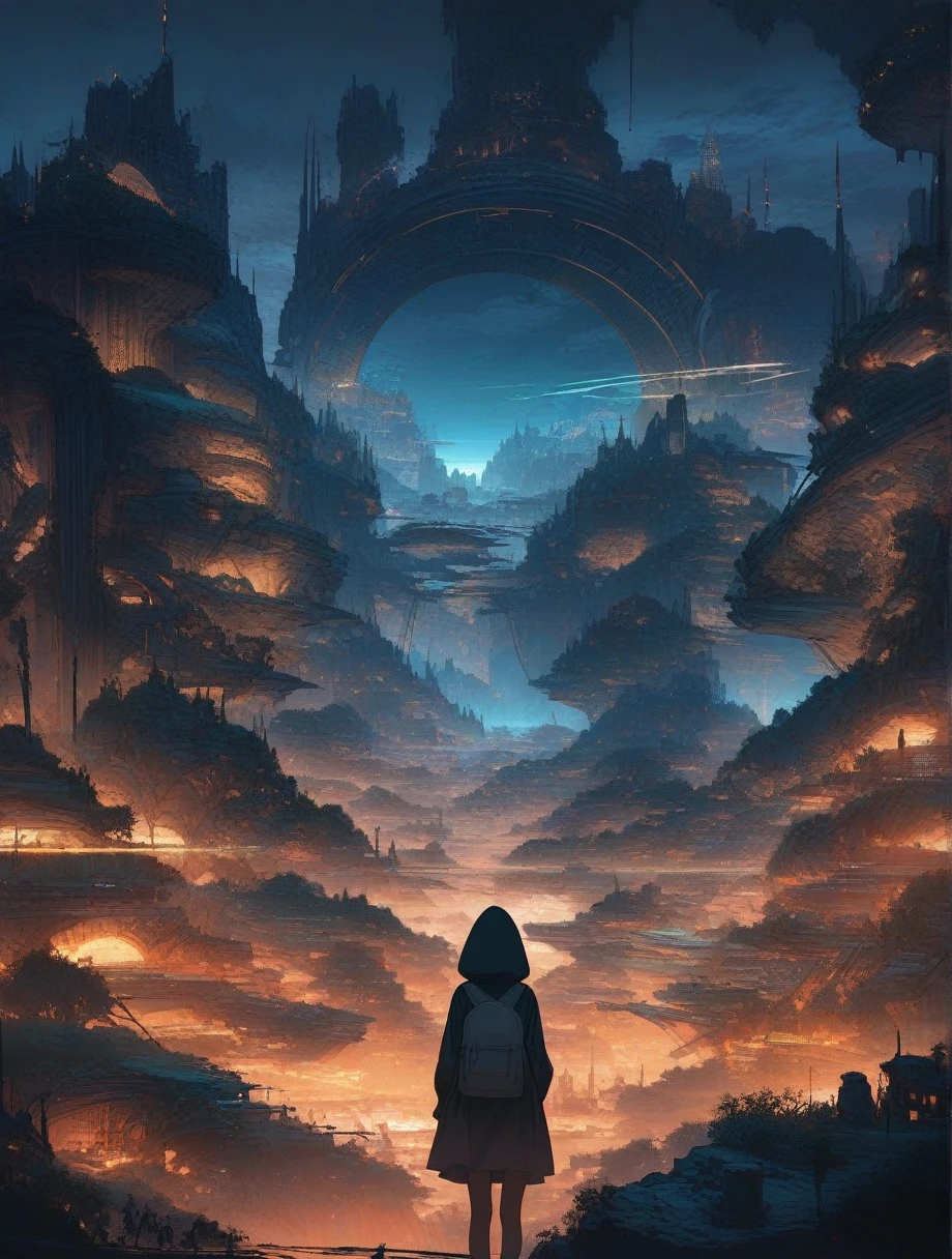 score_9, score_8_up, score_7_up, score_anime, masterpiece, best quality, delicate illustration, sharp line, sharp focus, BREAK,Traveler girl wandering in the ruins of endless night, the girl is wearing a hood, a lot of baggage in her backpack.,Night, future city, fantastic landscape, beautiful scenery, harmony with nature, spectacular view, machine city,((dark))