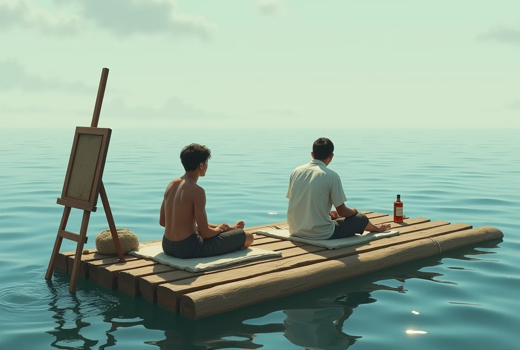 A raft of fine wood floating on the sea water, diagonal view. About her, A young man and a mature man lying on some bundles, a painting easel and a bottle of whiskey

