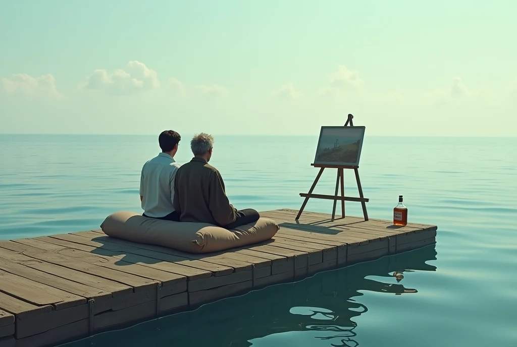 A raft of fine wood floating on the sea water, diagonal view. About her, A young man and a mature man lying on some bundles, a painting easel and a bottle of whiskey