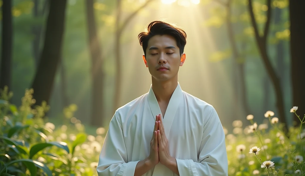 (photorealism:1.2), asian beautiful man doing healing work, no moustache, clean face, kpop idol, meditation, spiritual, peace. powerful, genuine, in open air by the nature openness, 16:9 format