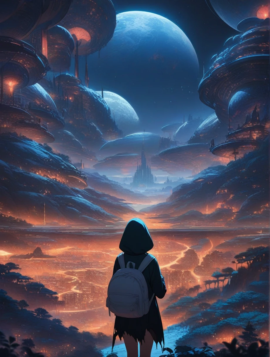 score_9, score_8_up, score_7_up, score_anime, masterpiece, top quality, delicate illustration, sharp lines, sharp focus, BREAK, a traveling girl wandering in the endless night world, the girl wears a hood and has a lot of stuff in her backpack, night , fantastic landscape, beautiful scenery, harmony with nature, spectacular view, space city, (((torn clothes)))