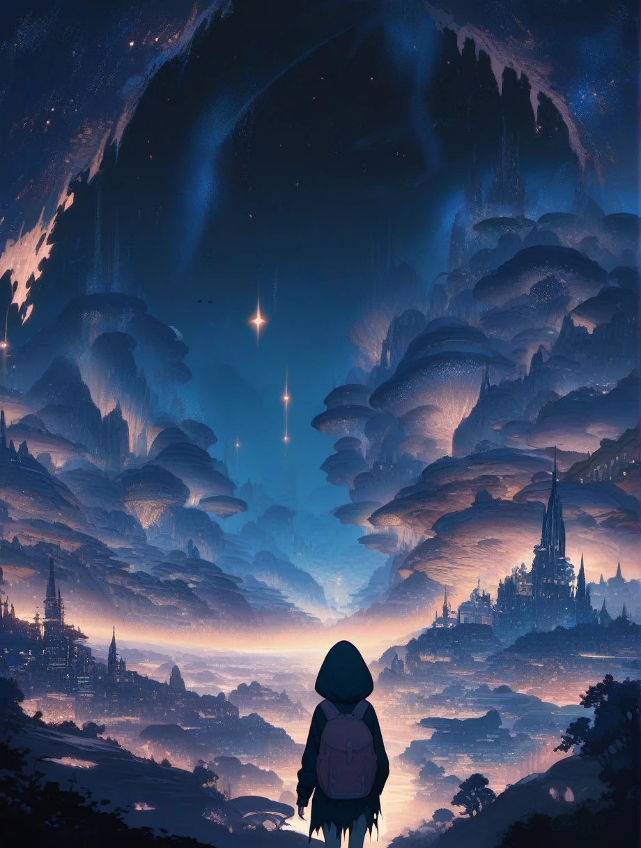 score_9, score_8_up, score_7_up, score_anime, masterpiece, top quality, delicate illustration, sharp lines, sharp focus, BREAK, a traveling girl wandering in the endless night world, the girl wears a hood and has a lot of stuff in her backpack, night , fantastic landscape, beautiful scenery, harmony with nature, spectacular view, space city, (((torn clothes)))