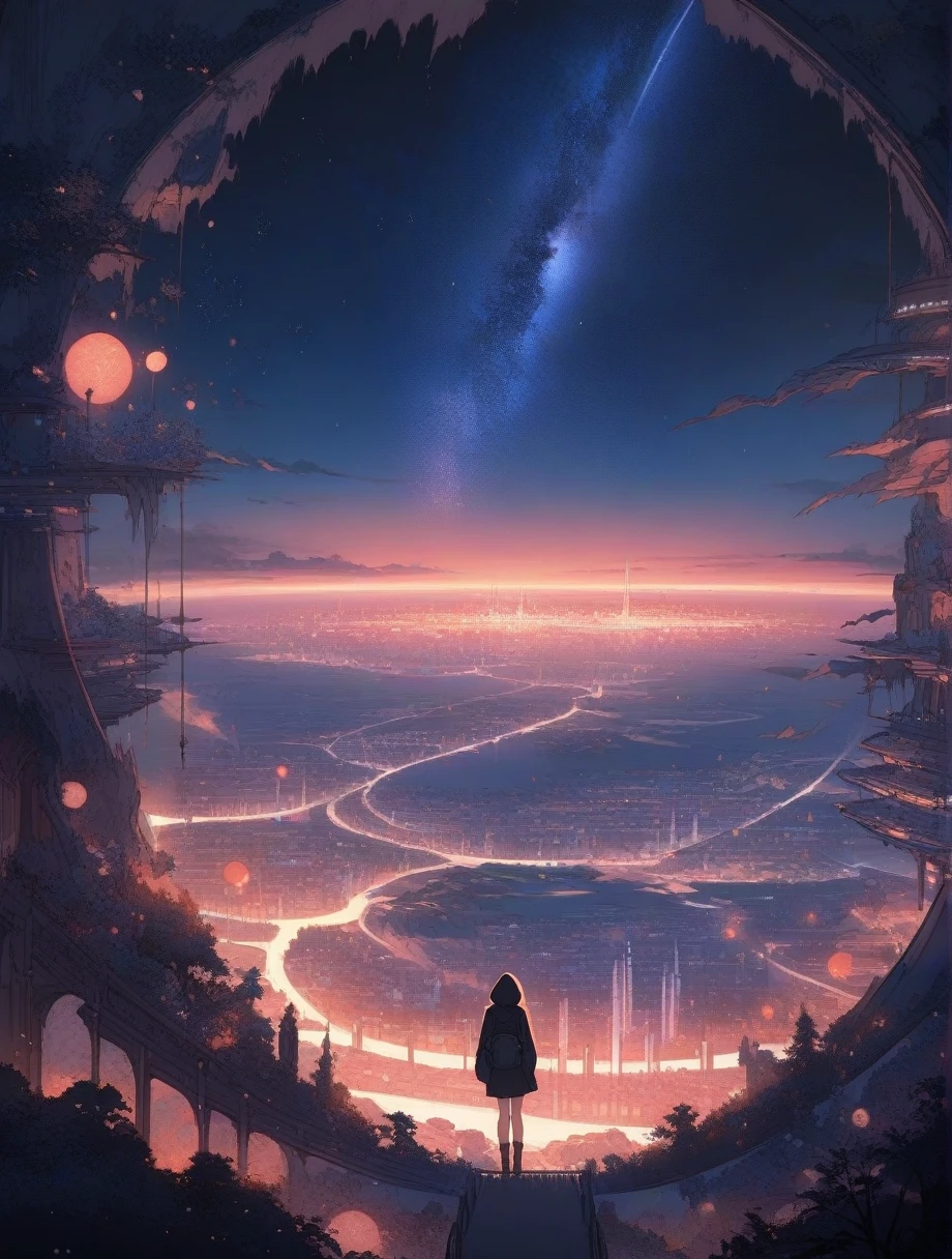 score_9, score_8_up, score_7_up, score_anime, masterpiece, top quality, delicate illustration, sharp lines, sharp focus, BREAK, a traveling girl wandering in the endless night world, the girl wears a hood and has a lot of stuff in her backpack, night , fantastic landscape, beautiful scenery, harmony with nature, spectacular view, space city, (((torn clothes)))