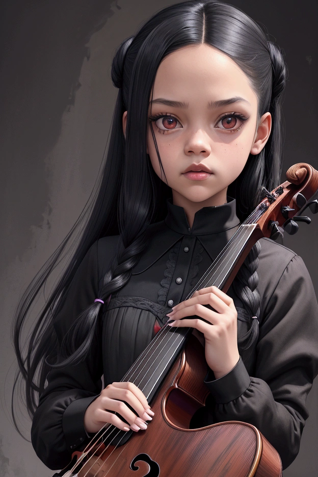Illustration of Jenna Ortega as Wednesday Addams from the series Wednesday (Netflix), depicted in a highly detailed and realistic style. The design will feature Jenna Ortega with her distinctive look: dark, straight hair parted in the middle, pale skin, and a serious, intense expression. She will be shown playing or holding a cello, capturing her musical side. The background will include subtle elements like cobwebs to maintain the gothic theme. The primary colors will be black, dark purple, and blood red for a dramatic effect. The design will be centered, large, and detailed in the middle of the shirt.