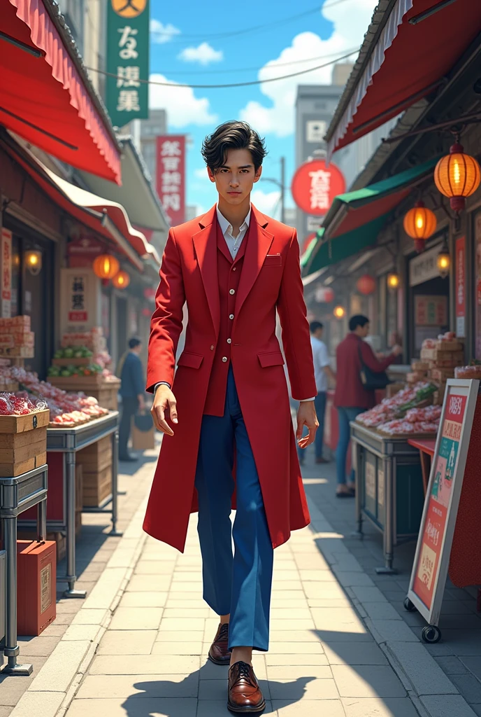 Like one man red color dress and blue color pant walking Japan’s market
