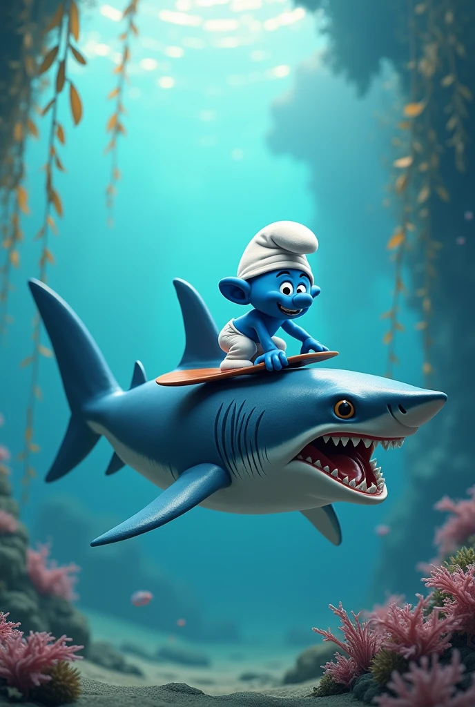 smurf surfing on top of a less realistic shark