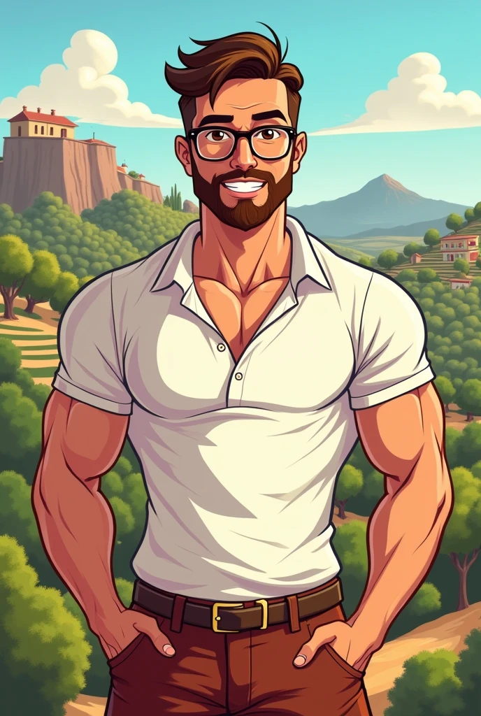 2D CARTOON OF A MAN WITH MEDIUM MUSCLE MASS AND SHORT BROWN HAIR ON THE SIDES, White skin, SHORT BEARD WITH GLASSES BROWN EYES WITH SICILY BACKGROUND