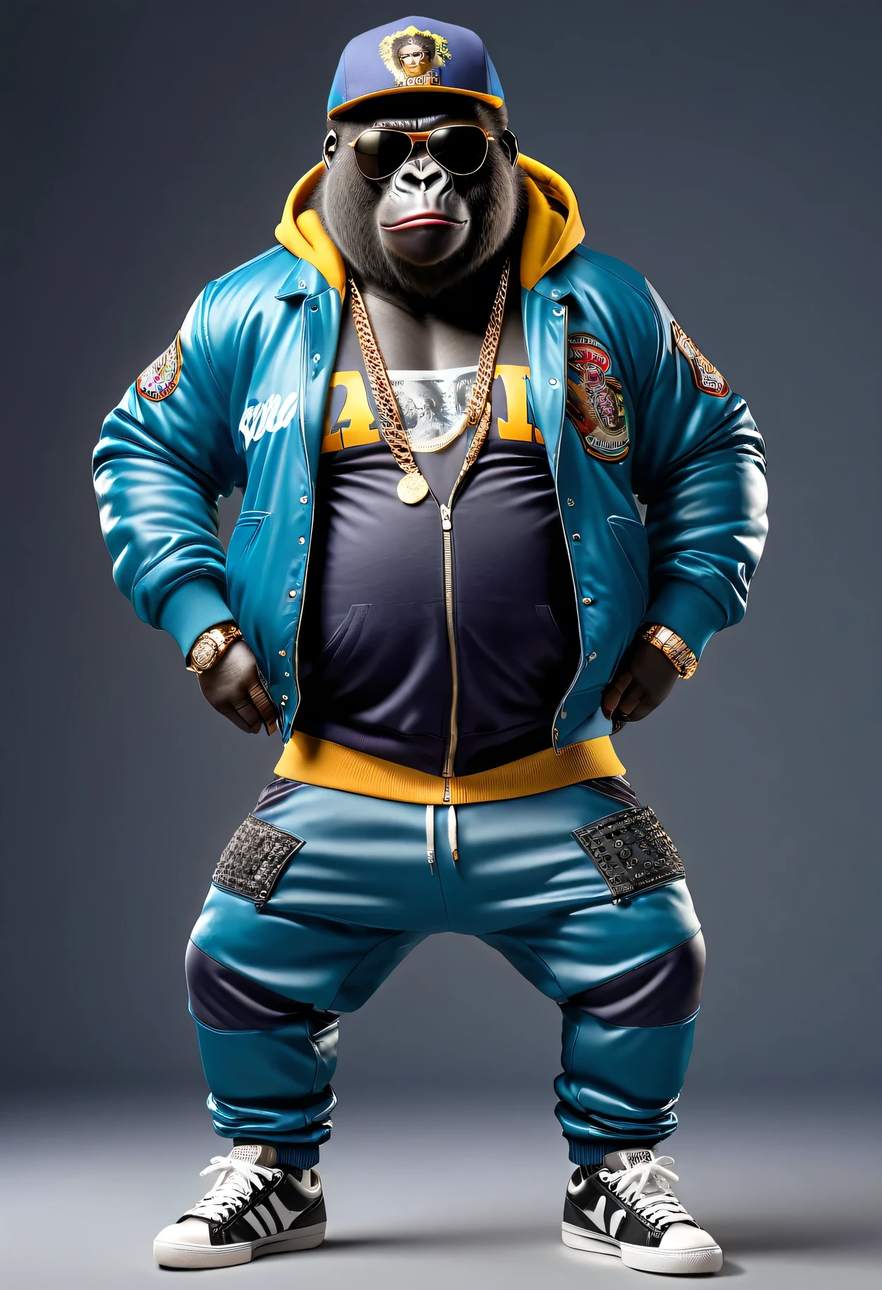 photorealistic portrait of Dressed animals - a ((fat)) (gorilla) hip hop dancer,(hands on hips:1.5), high quality,(lovely) ,intricate details, highly detailed ((hip hop fashion)) ,(wearing sunglasses:2.0), (cap, pants, sneakers),(wearing a jacket and hoodie) ,, wearing sunglasses, (happy), studio lighting,(full body image:1.5),score_9, score_8_up, score_7_up, score_6_up, score_5_up, score_4_up,