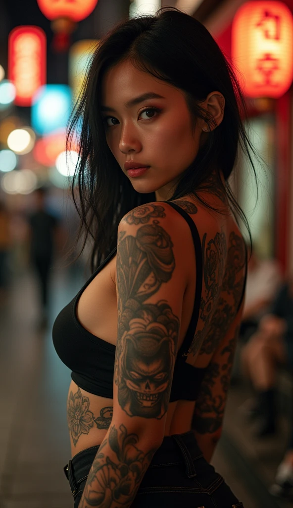 a beautiful Indonesian Girl, wabori skin, beauty, sexy, cute girl, yakuza, samurai punk, background in little Tokyo district, realistic, photoreal, masterpiece, best quality, cinematic photo of a Indonesian cartel gangster girl with yakuza tattoos, epic lighting, exotic, full body, Yakuza Punk, yakuza tattoo, muscular, erotic 