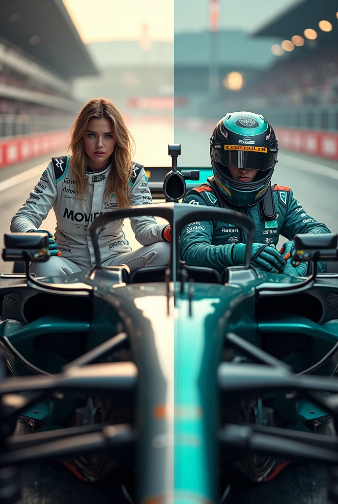 Formula 1 book cover with a womam Mercedes-Benz driver and a womam Aston Martin driver on opposite sides