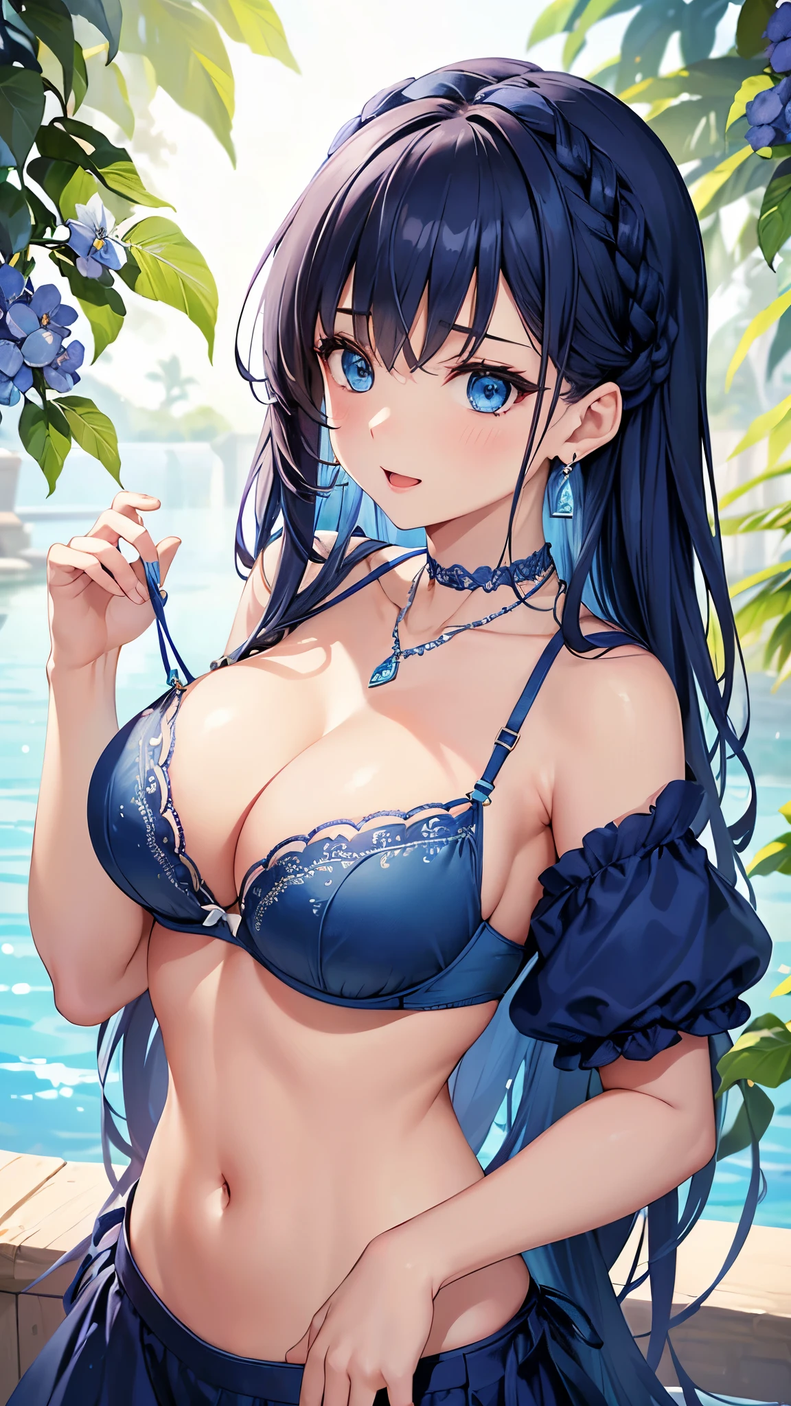Highest quality、Highest quality、masterpiece、(8k resolution),beauty(Age 25)、(Mature Appearance)、Long Hair(Braiding of the sides)、blue eyes、(Exquisitely embroidered underwear、bra)、Big cleavage、((Super big breasts))、Excited expression、blue necklace、Blue Earrings、background(flower)、Please open your mouth wide、Dynamic pose、Blue choker、