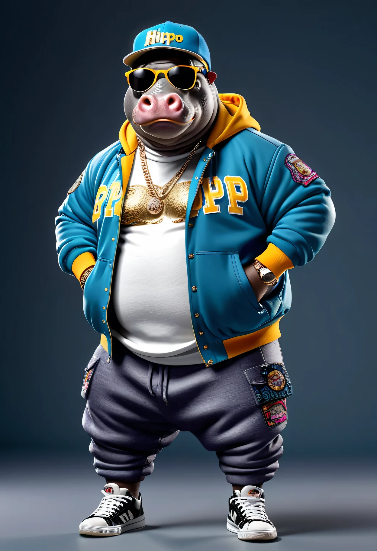 photorealistic portrait of Dressed animals - a ((fat)) (hippo) hip hop dancer,(hands on hips:1.5), high quality,(lovely) ,intricate details, highly detailed ((hip hop fashion)) ,(wearing sunglasses:2.0), (cap, pants, sneakers),(wearing a jacket and hoodie) ,, wearing sunglasses, (happy), studio lighting,(full body image:1.5),score_9, score_8_up, score_7_up, score_6_up, score_5_up, score_4_up,