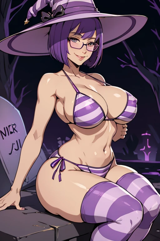 Mature woman, sexy pose, big breasts, curvy, smile, purple bob haircut, striped purple bikini, purple striped stockings, glasses, purple striped witch hat, graveyard
