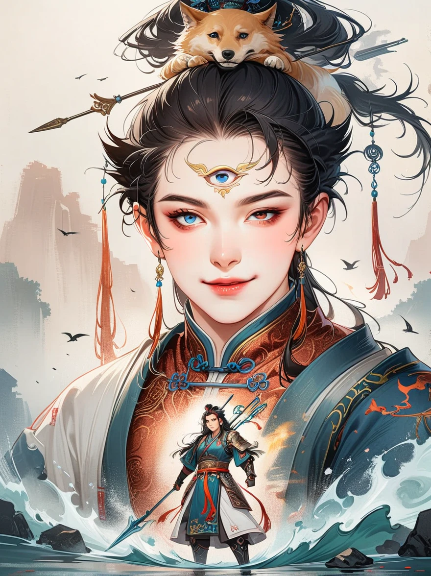 Full-body photo, virtual engine, Chinese person, Tianjiang, Erlang Shen Yang Jian, shimmering silver light, divine backlight, white flowing light dancing, full of imposing pressure, dressed in silver divine armor, eyes red with rage, (a vertical eye appearing in the middle of the forehead: 1.7), holding a golden trident spear behind, with a black roaring dog closely following, fierce-looking, dark mythological style, ethereal scene, sense of ethereality, dark tones, perfect composition, smiling,demonic third eye, masterpiece, ccurate, anatomically correct, high details, best quality, 8k