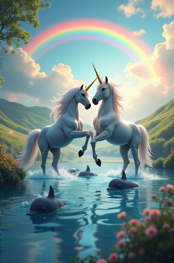 Image of unicorns with dolphins in a landscape with a rainbow
