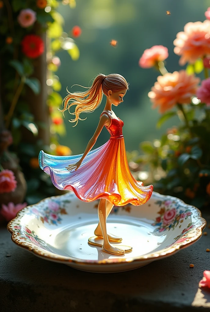 A delicate miniature girl-like figure, fashioned from colorful glass, twirling on an intricately painted porcelain plate, set in a quaint, fairy- tale garden with vibrant flowers and ivy- covered walls. The plate's ornate designs add a touch of elegance, while the garden blooms in a riot of colors, illuminated by soft, dappled sunlight. The figure's pose exudes grace and enchantment, with reflections of light playing off the glass to create a mesmerizing effect. Created Using: fairy-tale aesthet